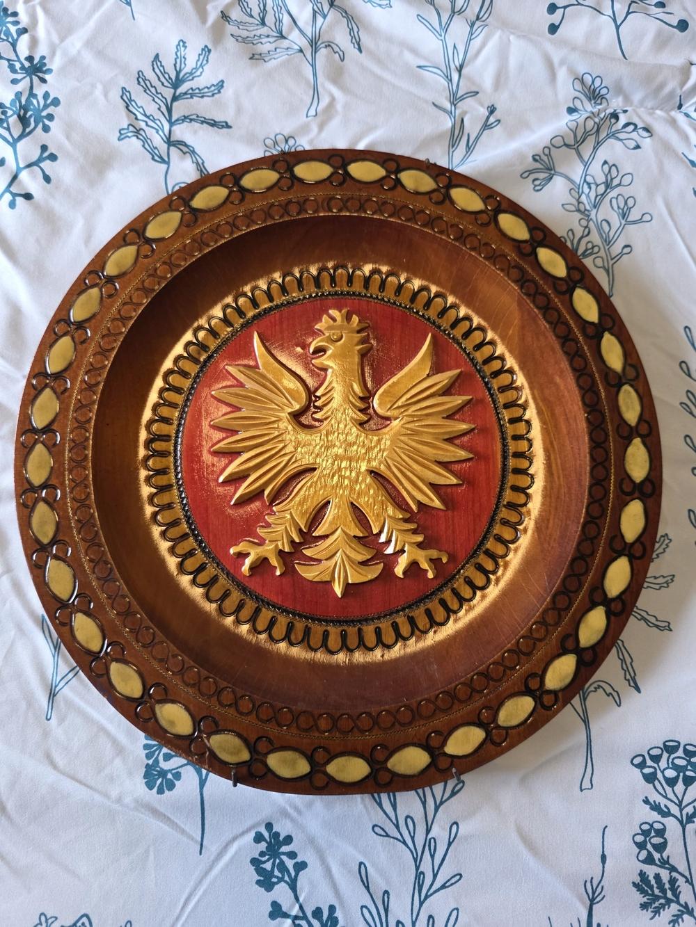 Polish Eagle Wooden Carved Plate Wall Hanging Folk Art Poland Coat of Arms